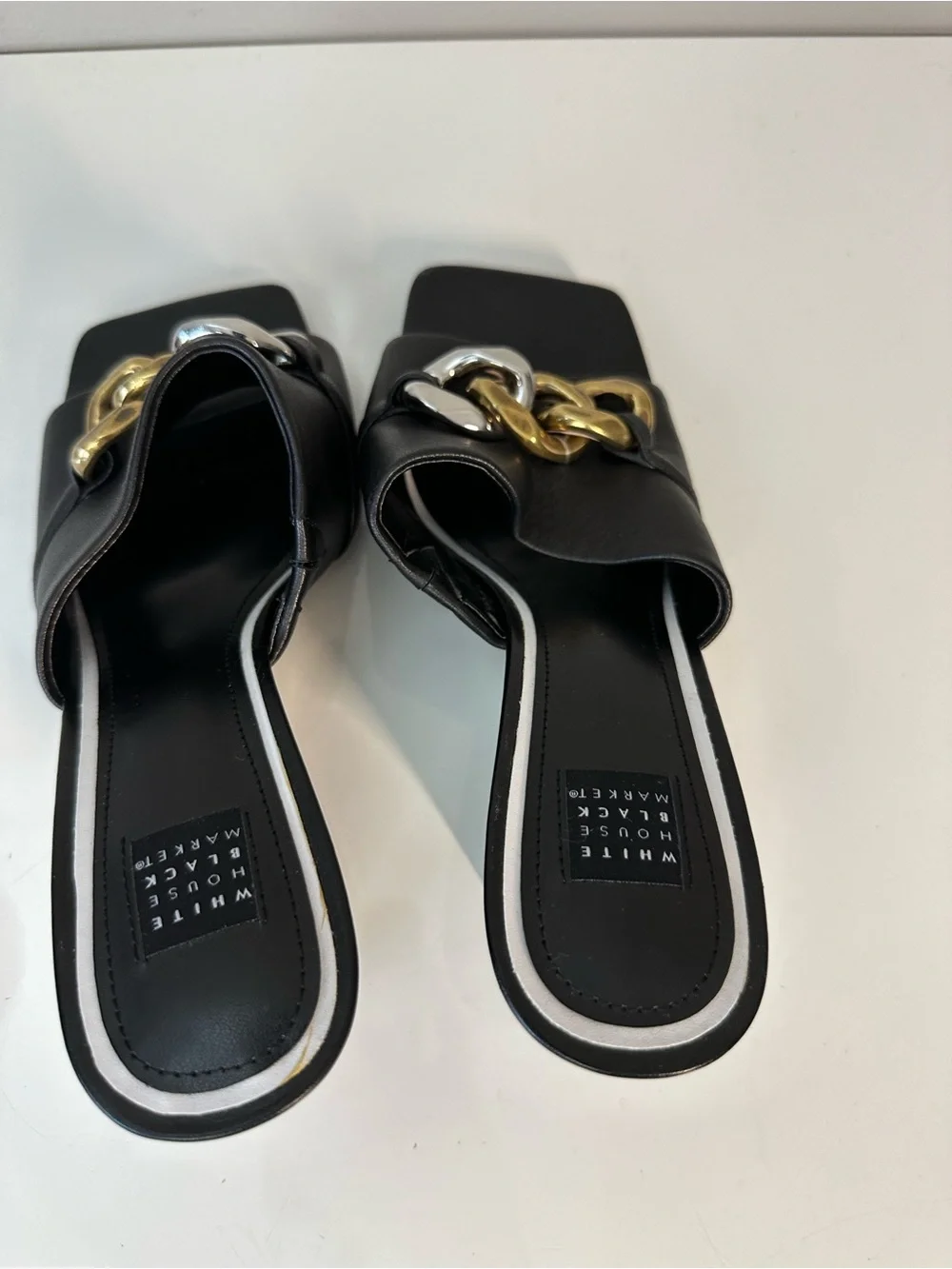 WHBM Black Wedges with Chain Accents Size 7.5 Square Toe Contemporary